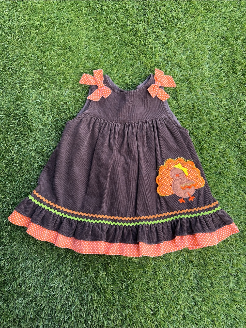 Rare Editions Brown Corduroy Dress with Orange and Green Accents